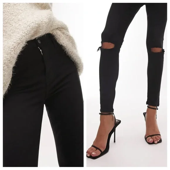 TOPSHOP Jamie High Waist Ripped Skinny Jeans in Black - Picture 2 of 8